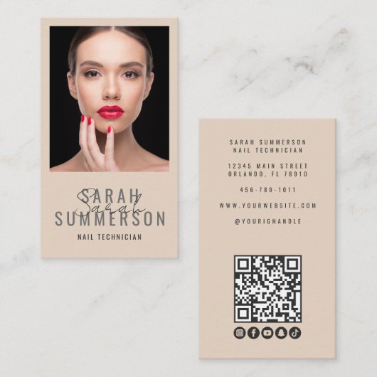 Nail Salon QR Code Photo Script Beige 名刺 (正面/裏面)