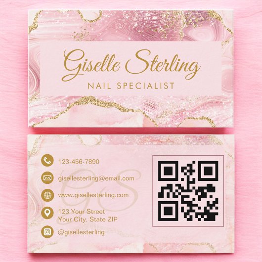 Nail Specialist Blush Pink Gold Agate QR Code 名刺