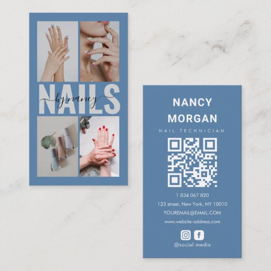 Nail Specialist Dusty Blue Photo Collage QR Code 名刺 (正面/裏面)