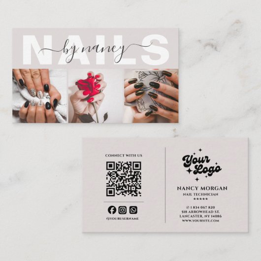 Nail Tech ニュートラルベージュ 3枚写真グリッドQRコード 名刺 (正面/裏面)