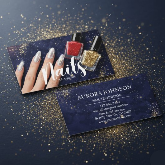 Nail Tech Glam Navy glitter Business Card 名刺