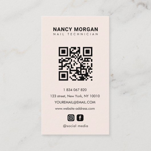 Nail Technician Blush Pink Photo Collage Qr Code 名刺 (裏面)