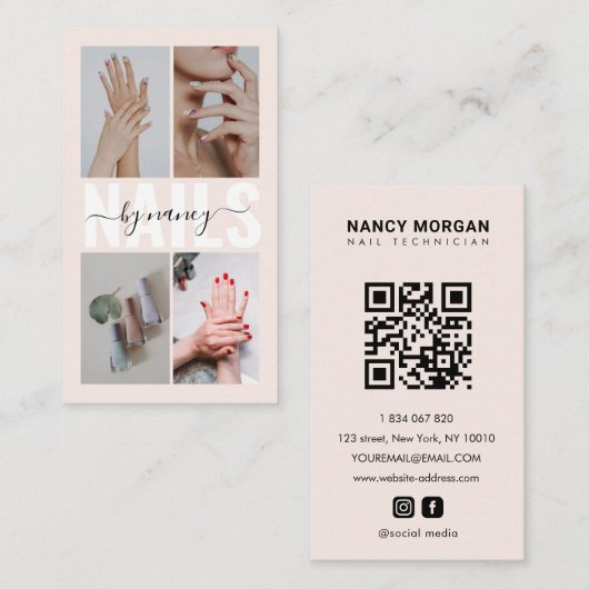 Nail Technician Blush Pink Photo Collage Qr Code 名刺 (正面/裏面)