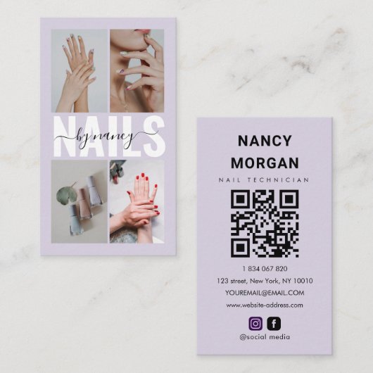 Nail Technician Elegant Photo Collage QR Code 名刺 (正面/裏面)