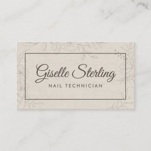 Nail Technician Neutral Linen Floral Elegant 名刺 (正面)