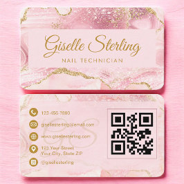 Nail Technician Pink Gold Agate QR Code 名刺