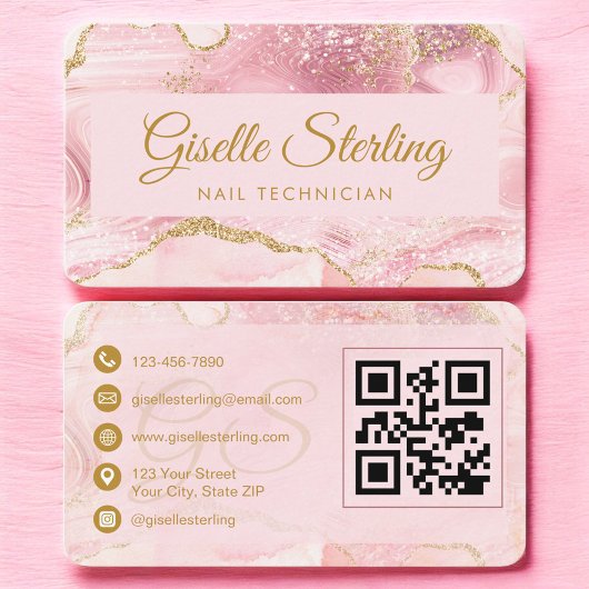 Nail Technician Pink Gold Agate QR Code 名刺