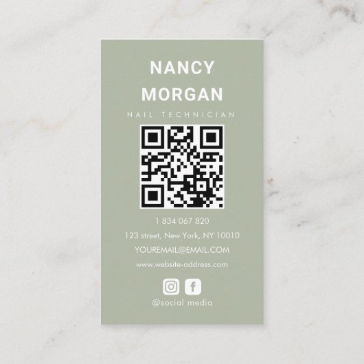 Nail Technician Sage Green Photo Collage Qr Code 名刺 (裏面)