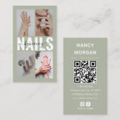Nail Technician Sage Green Photo Collage Qr Code 名刺 (正面/裏面)