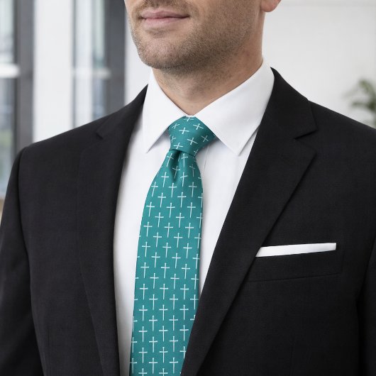 Nails Cross Teal Blue Christian Neck Tie for Men ネクタイ