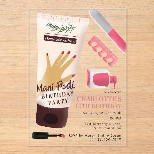 Nails Manicure Pedicure Mani Pedi Girls Birthday アクリル招待状 (正面)