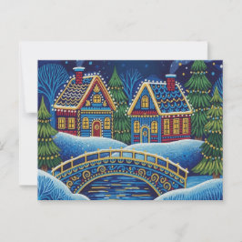 NAIVE ART Christmas snowy scene postcard ポストカード