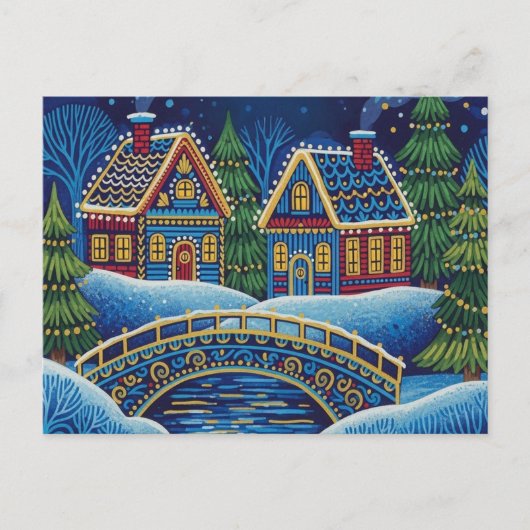 NAIVE ART Christmas snowy scene postcard ポストカード (正面)