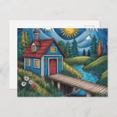 NAIVE Art postcard woodland scene and cabin. ポストカード (正面/裏面)