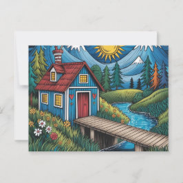 NAIVE Art postcard woodland scene and cabin. ポストカード
