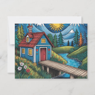 NAIVE Art postcard woodland scene and cabin. ポストカード