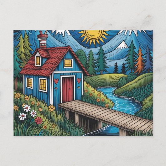 NAIVE Art postcard woodland scene and cabin. ポストカード (正面)