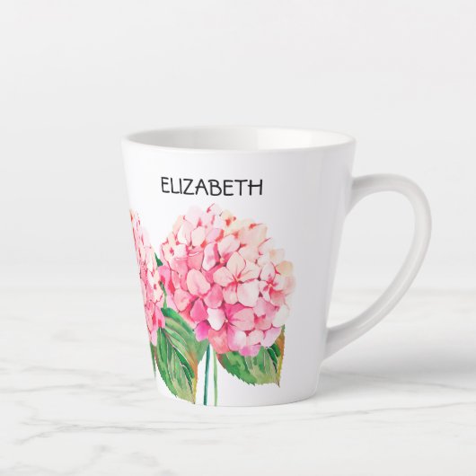 NAMEおよびWatercolor Pink Hydrangeaフローラ カフェラテマグ (右)