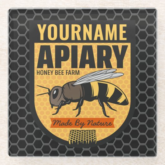 NAMEハニーパーソナライズされたビー養蜂場 ガラスコースター (正面)
