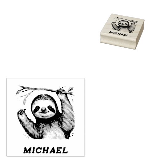 Name パーソナライズされた Cute Sloth on a Branch ラバースタンプ (押印)