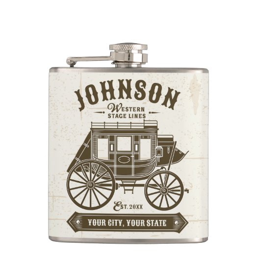 NAME パーソナライズされた Old Western Stagecoach Carriage フラスク (正面)