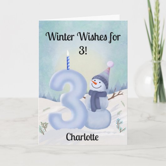 Name 3rd Birthday Snowman with Snowy Three カード (正面)