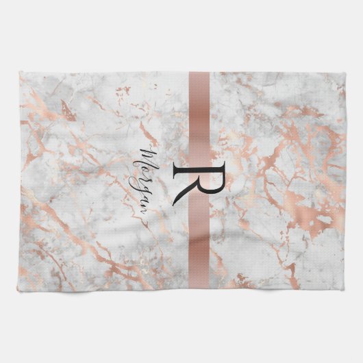 Name/Blk Monogram, White & Rose Gold Marble, Vs 2 キッチンタオル (横)