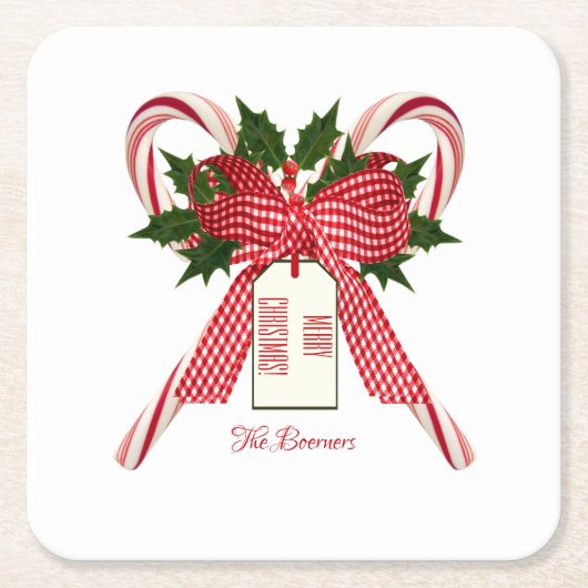Name Candy Canesからのメリークリスマス スクエアペーパーコースター (正面)