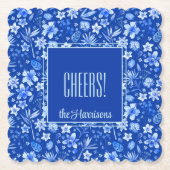 Name, Cobalt Blue Tropical Flowers & Leaves ペーパーコースター (正面)