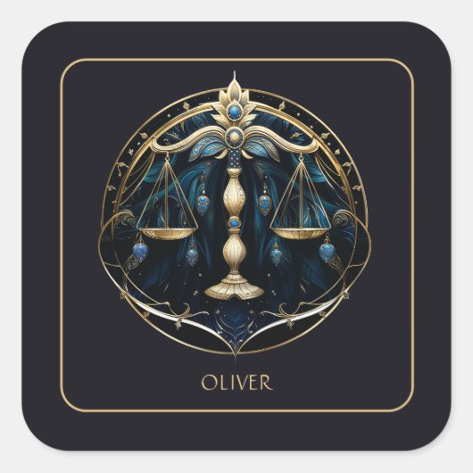 Name Cosmic Balance Zodiac Symbol Black Gold Libra スクエアシール (正面)