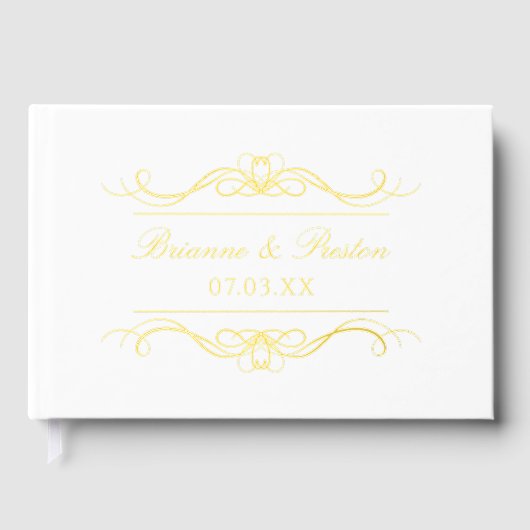 Name & Date Modern Elegant Gold Swirl Wedding ゲストブック (正面)