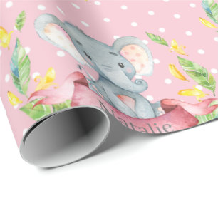 Name Elephant Baby パーソナライズされた Garl Pink and Gray（E ラッピングペーパー