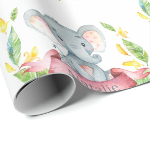 Name Elephant Baby パーソナライズされた Garl Pink and Gray(E ラッピングペーパー
