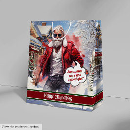 Name Gift Bags Handsome Santa Holiday Keepsake ミディアムペーパーバッグ