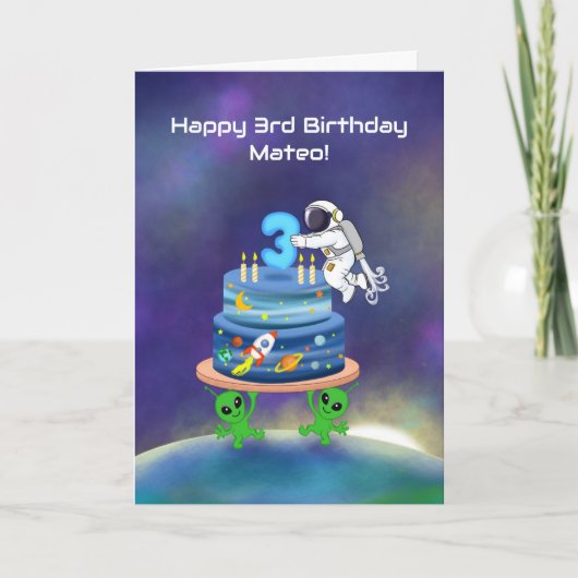 Name Happy 3rd Birthday Astronaut with Aliens カード (正面)