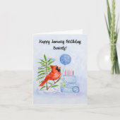 Name Happy January Birthday Cardinal with Cake カード (正面)