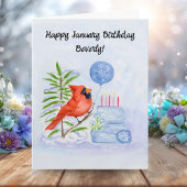 Name Happy January Birthday Cardinal with Cake カード
