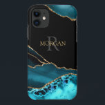 Name & Monogram, Teal Black Agate, Gold Grey Text iPhone 11 ケース<br><div class="desc">Personalize this stylish and Trendy Teal and Black Agate design with your Name in Gold and Monogram in grey text. This design is sure to get attention. Click “Edit Using Design Tool” to change colors and type styles.</div>