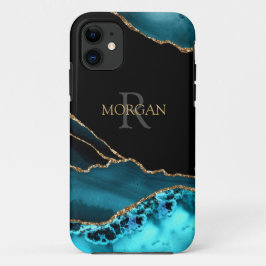 Name & Monogram, Teal Black Agate, Gold Grey Text iPhone 11 ケース