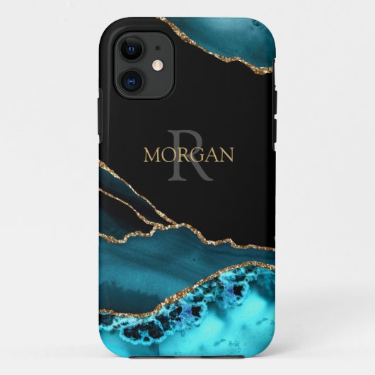 Name & Monogram, Teal Black Agate, Gold Grey Text Case-Mate iPhoneケース (裏面)