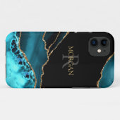 Name & Monogram, Teal Black Agate, Gold Grey Text Case-Mate iPhoneケース (裏面(横))