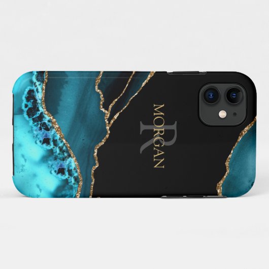 Name & Monogram, Teal Black Agate, Gold Grey Text Case-Mate iPhoneケース (裏面(横))