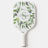 Name Monogram Watercolor Olive Pattern ピックルボールラケット (裏面)