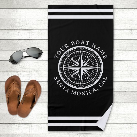 Name of your boat Nautical Compass Navy blue ビーチタオル