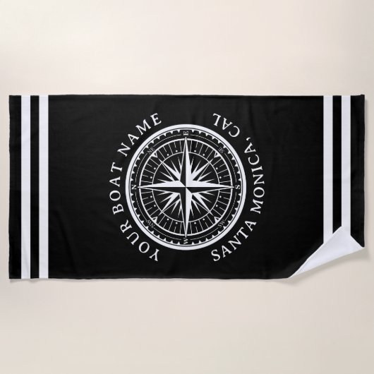 Name of your boat Nautical Compass Navy blue ビーチタオル (正面)