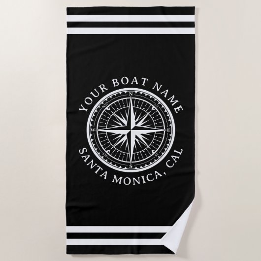 Name of your boat Nautical Compass Navy blue ビーチタオル (正面)