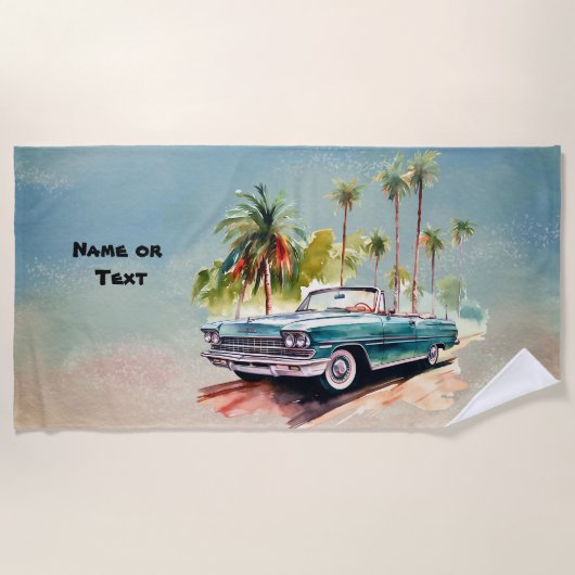 Name, Old Blue Car with Palm Trees ビーチタオル (正面)
