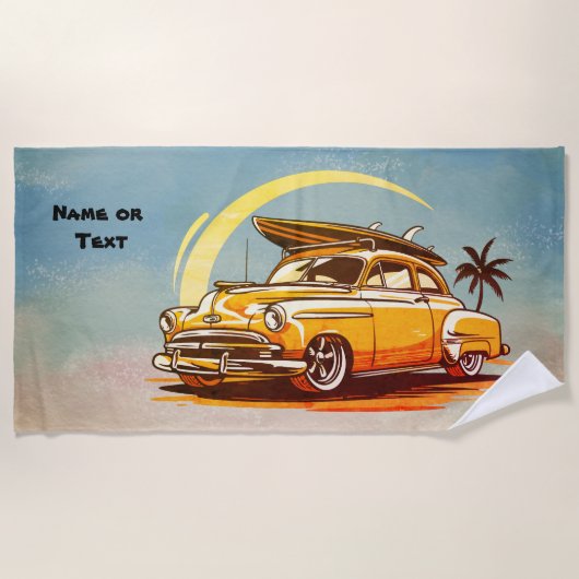 Name, Old Car with Surfboard & Palm Tree ビーチタオル (正面)