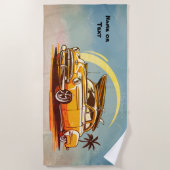 Name, Old Car with Surfboard & Palm Tree ビーチタオル (正面)