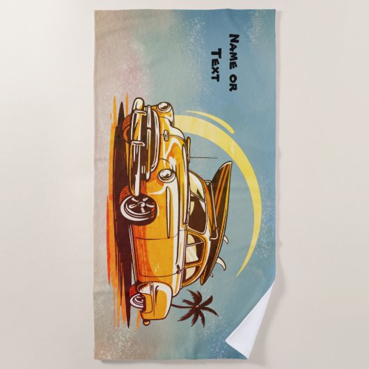 Name, Old Car with Surfboard & Palm Tree ビーチタオル (正面)